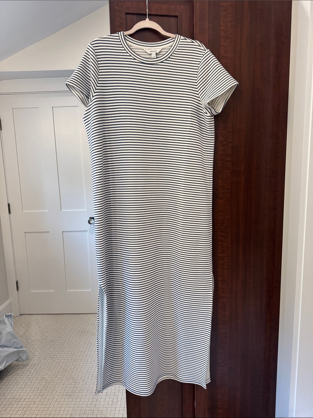 SPANX Black & White Striped Short-Sleeve Maxi Dress